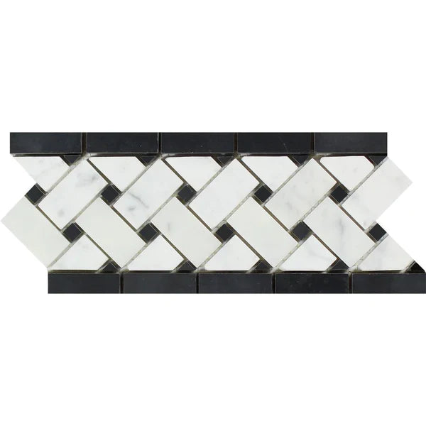 Carrara White Basketweave with Black Dot Border