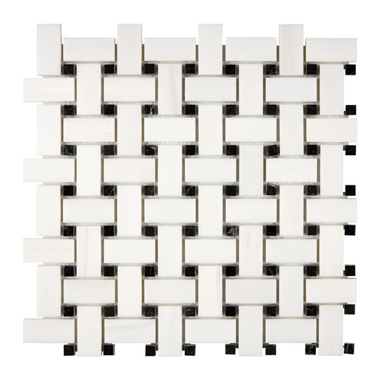 Bianco Dolomite Basketweave with Black Dot